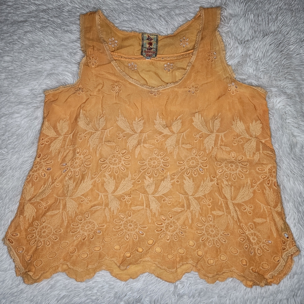 Johnny Was Orange Embroidered Floral Tank Sleeveless Sheer Scoop Neck Size XL